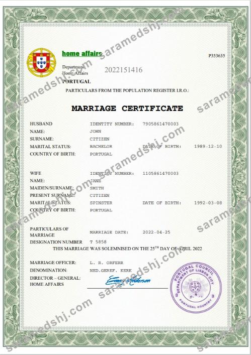 Portugal marriage certificate Word and PDF template